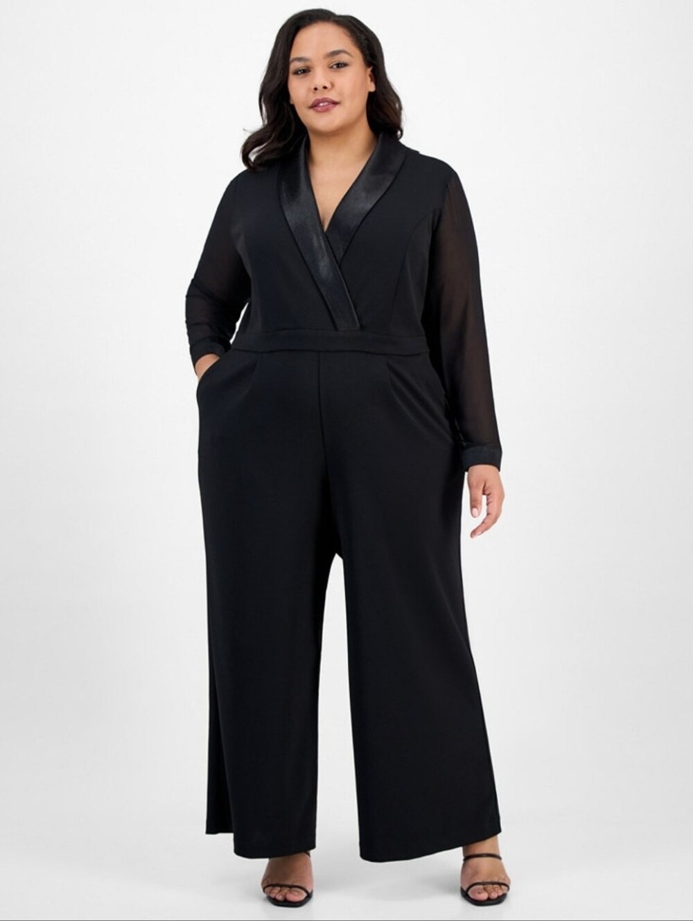 Jessica Howard JH Evenings Black Jumpsuit Sheer Mesh Long Sleeve